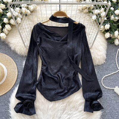 Vintage šūpojoša apkakle Eleganta trīsdimensiju ziedu, eleganta, ar garām piedurknēm, slaida korejiešu ielas apģērba blūze