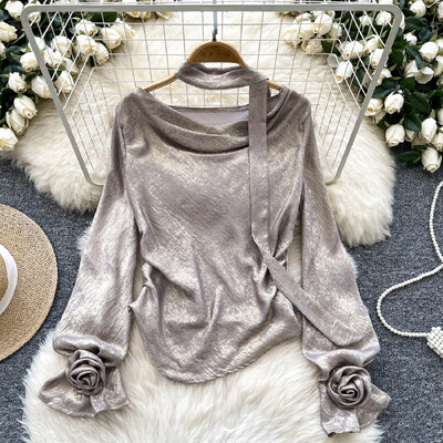 Vintage šūpojoša apkakle Eleganta trīsdimensiju ziedu, eleganta, ar garām piedurknēm, slaida korejiešu ielas apģērba blūze