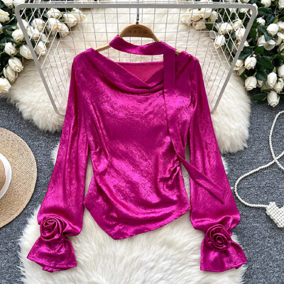 Vintage šūpojoša apkakle Eleganta trīsdimensiju ziedu, eleganta, ar garām piedurknēm, slaida korejiešu ielas apģērba blūze