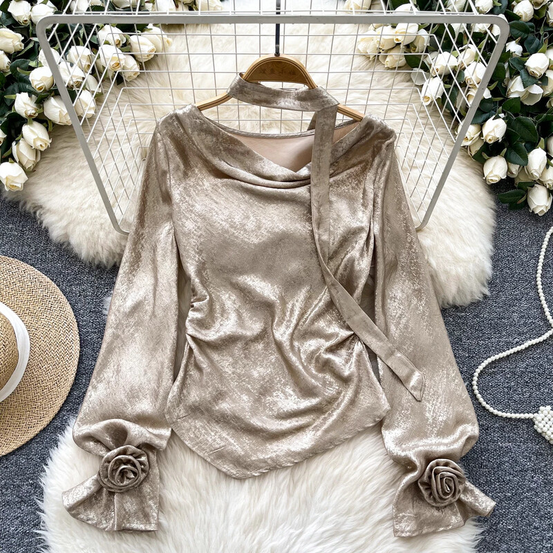 Vintage šūpojoša apkakle Eleganta trīsdimensiju ziedu, eleganta, ar garām piedurknēm, slaida korejiešu ielas apģērba blūze