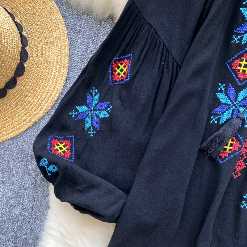 Vintage eleganta izšūšana ar laternu piedurknēm blūze Modes krekls ar O veida kakla izgriezumu ikdienišķs elegants tops pasaku vasaras sievietēm