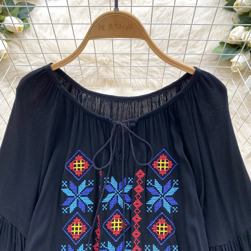 Vintage eleganta izšūšana ar laternu piedurknēm blūze Modes krekls ar O veida kakla izgriezumu ikdienišķs elegants tops pasaku vasaras sievietēm