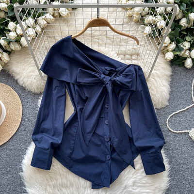 Pamati Diagonālā apkakle Eleganta tauriņš asimetriska vintage ar garām piedurknēm slaids augšējais franču ielas apģērbs High Street rudens blūze