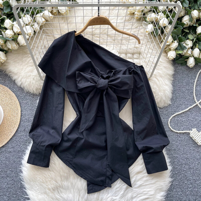 Pamati Diagonālā apkakle Eleganta tauriņš asimetriska vintage ar garām piedurknēm slaids augšējais franču ielas apģērbs High Street rudens blūze