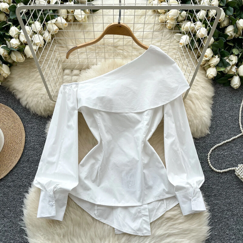 Pamati Diagonālā apkakle Eleganta tauriņš asimetriska vintage ar garām piedurknēm slaids augšējais franču ielas apģērbs High Street rudens blūze