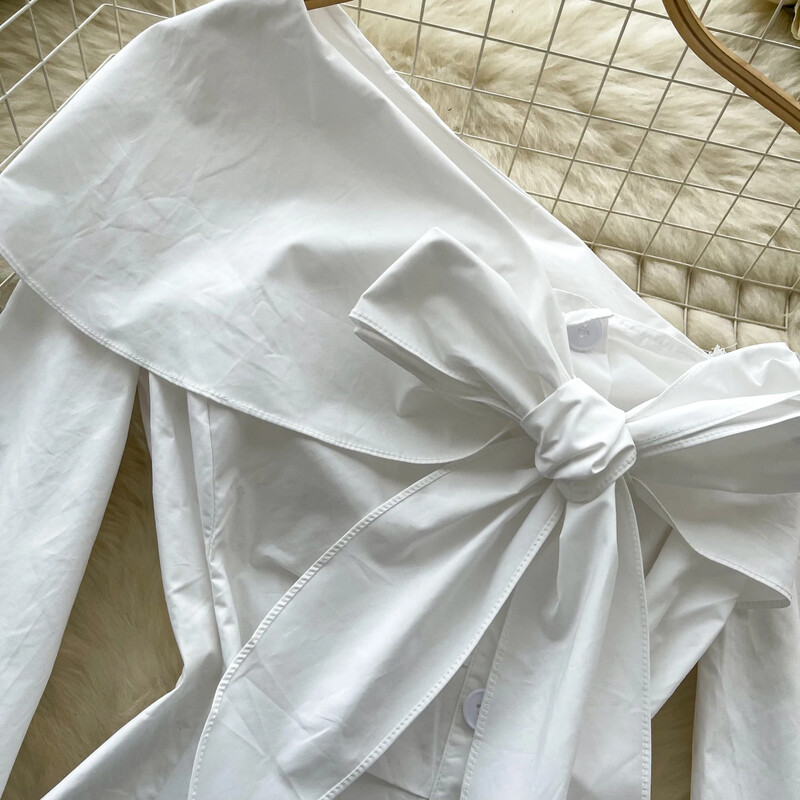 Pamati Diagonālā apkakle Eleganta tauriņš asimetriska vintage ar garām piedurknēm slaids augšējais franču ielas apģērbs High Street rudens blūze