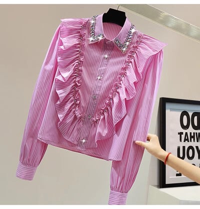 Aukštos kokybės rudeniniai mėlyni dryžuoti raukiniai biuro moteriškos palaidinės Prabangūs moteriški atvartai deimantai, raukiniai, sagos, laisvi marškiniai