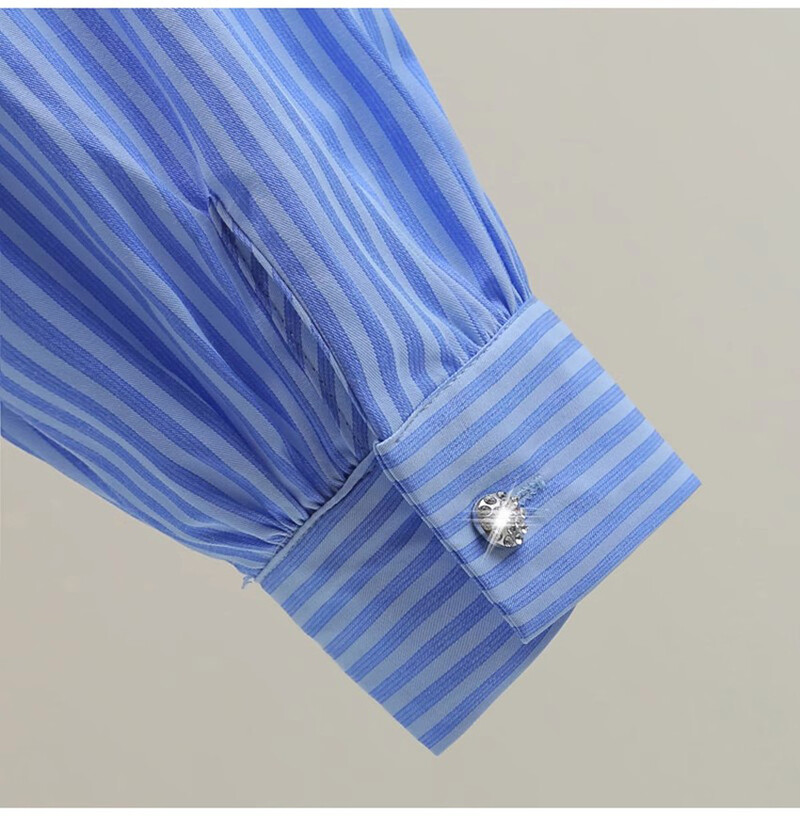 Aukštos kokybės rudeniniai mėlyni dryžuoti raukiniai biuro moteriškos palaidinės Prabangūs moteriški atvartai deimantai, raukiniai, sagos, laisvi marškiniai