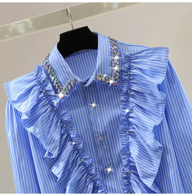 Aukštos kokybės rudeniniai mėlyni dryžuoti raukiniai biuro moteriškos palaidinės Prabangūs moteriški atvartai deimantai, raukiniai, sagos, laisvi marškiniai