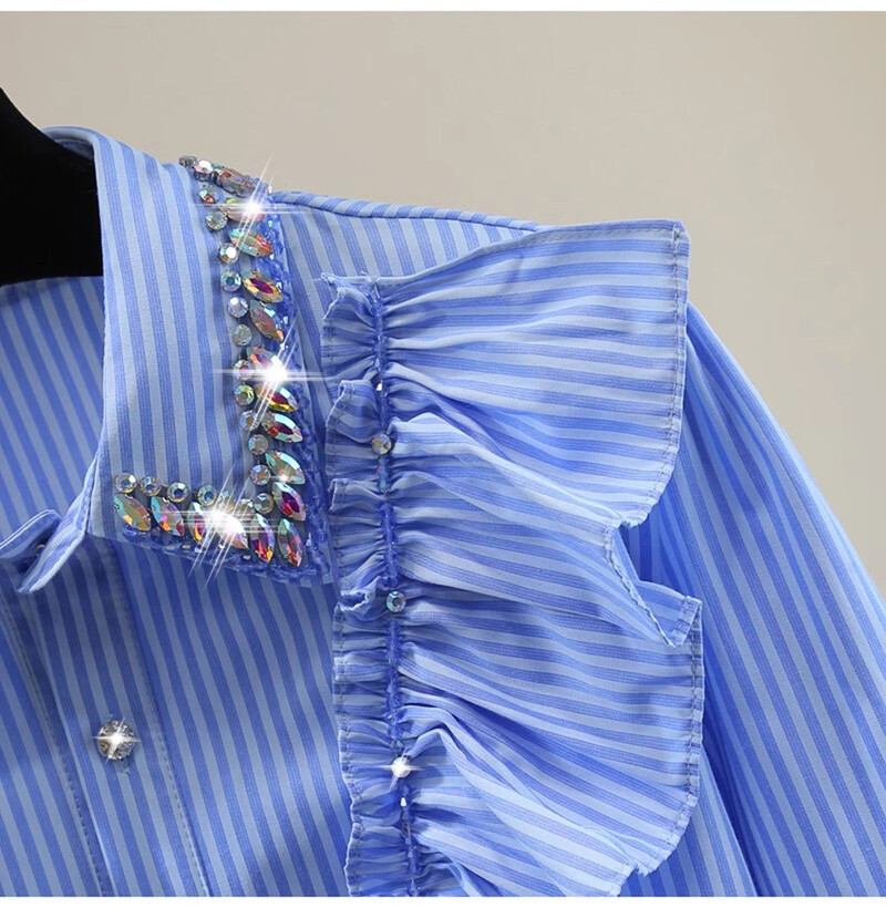 Aukštos kokybės rudeniniai mėlyni dryžuoti raukiniai biuro moteriškos palaidinės Prabangūs moteriški atvartai deimantai, raukiniai, sagos, laisvi marškiniai