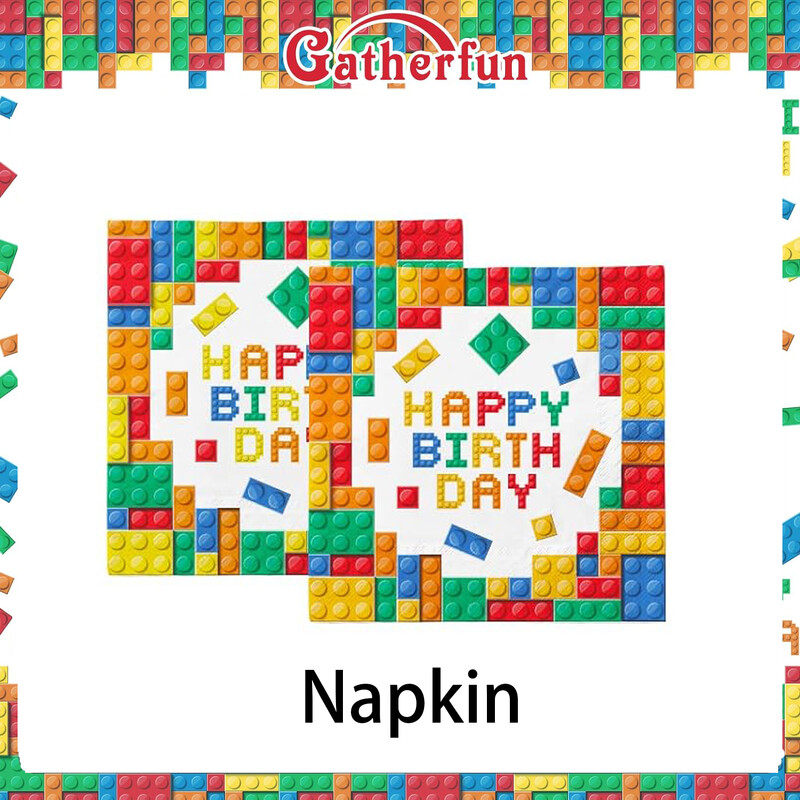 Celtniecības bloki ballīšu piederumi Papīra šķīvji Salvetes Krūzes Galdauts bērniem Krāsaini celtniecības bloki Dzimšanas dienas svinību rotājumi
