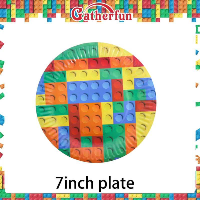 Celtniecības bloki ballīšu piederumi Papīra šķīvji Salvetes Krūzes Galdauts bērniem Krāsaini celtniecības bloki Dzimšanas dienas svinību rotājumi