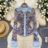 Κομψά μακρυμάνικα Vintage Polo-λαιμόκοψη Chic Leopard Splied ριγέ μονόστηθο Κορεάτικη Streetwear High Street Φθινοπωρινή μπλούζα