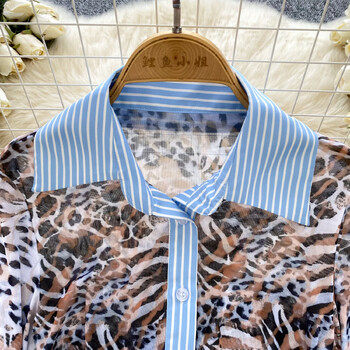 Κομψά μακρυμάνικα Vintage Polo-λαιμόκοψη Chic Leopard Splied ριγέ μονόστηθο Κορεάτικη Streetwear High Street Φθινοπωρινή μπλούζα