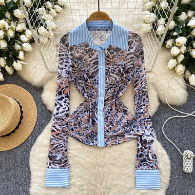 Κομψά μακρυμάνικα Vintage Polo-λαιμόκοψη Chic Leopard Splied ριγέ μονόστηθο Κορεάτικη Streetwear High Street Φθινοπωρινή μπλούζα