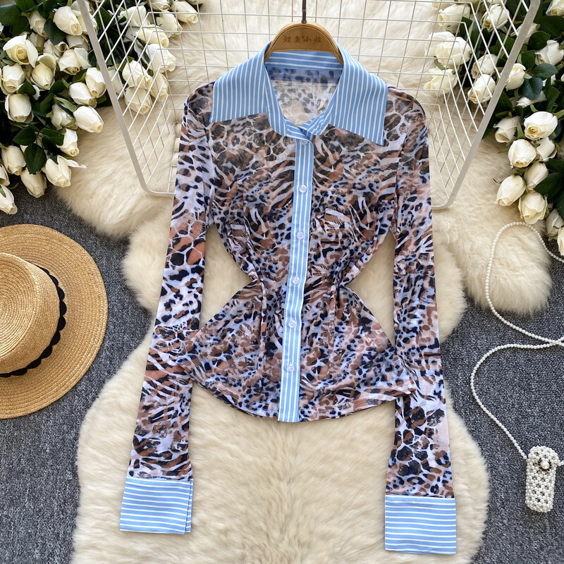 Κομψά μακρυμάνικα Vintage Polo-λαιμόκοψη Chic Leopard Splied ριγέ μονόστηθο Κορεάτικη Streetwear High Street Φθινοπωρινή μπλούζα