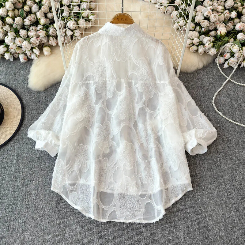 Pamatinformācija Nolaižama apkakle ar izšūtu elegantu kalnu kristāla trīsdimensiju ziedu tievs sieviešu augšējais apģērbs High Street rudens blūze