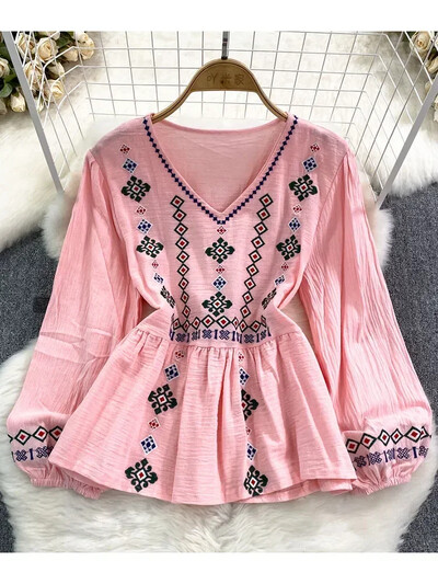 Γυναικεία ανοιξιάτικη φθινοπωρινή μπλούζα Vintage Ethnic Κέντημα Πουλόβερ με λαιμόκοψη σε V φαρδιά ζώνη Βαμβακερό λινό πουκάμισο Casual Top D4924