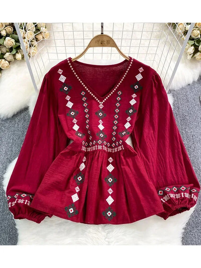 Γυναικεία ανοιξιάτικη φθινοπωρινή μπλούζα Vintage Ethnic Κέντημα Πουλόβερ με λαιμόκοψη σε V φαρδιά ζώνη Βαμβακερό λινό πουκάμισο Casual Top D4924