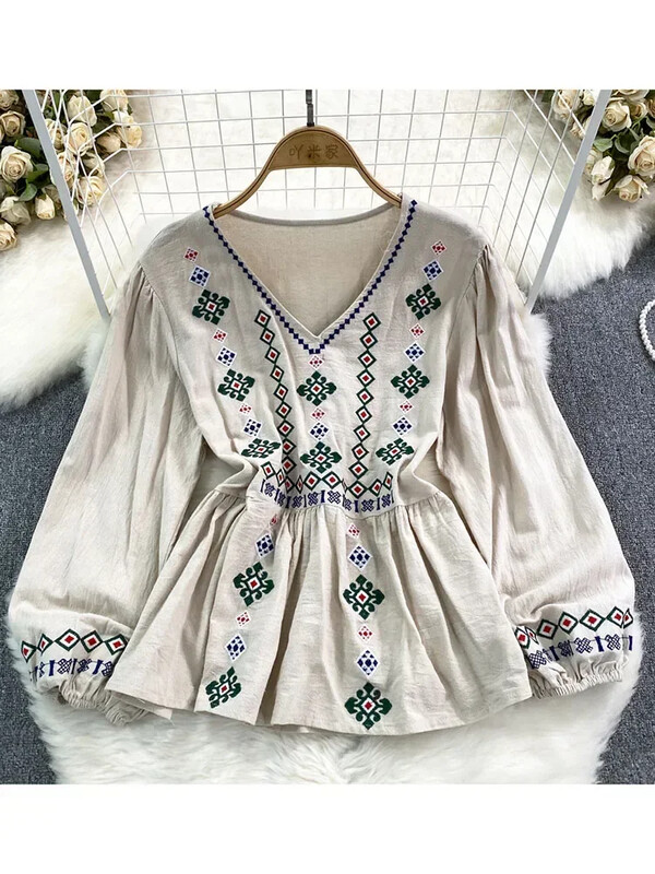 Γυναικεία ανοιξιάτικη φθινοπωρινή μπλούζα Vintage Ethnic Κέντημα Πουλόβερ με λαιμόκοψη σε V φαρδιά ζώνη Βαμβακερό λινό πουκάμισο Casual Top D4924