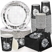 10 Guests Laser Silver Disco Ball Theme Επιτραπέζια σκεύη μιας χρήσης Πιάτα για πάρτι ντίσκο Πετσέτες Χαρτοπετσέτες Happy Disco Birthday Party Decor