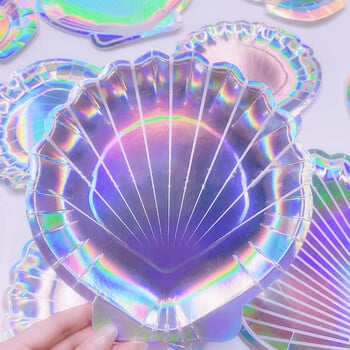 Laser Shell Сервизи за еднократна употреба Ocean Mermaid Theme Shell Plate Cup Happy Under the Sea Girl 1st Birthday Party Decor Babyshowe