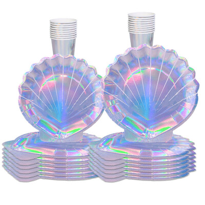 Laser Shell vienreizlietojamie galda trauki Ocean Mermaid tēma Shell šķīvju kauss Happy Under the Sea Meitene 1. dzimšanas dienas ballītes dekorācijās