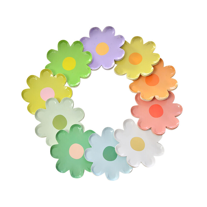 10 gab. Margrietiņu vienreizlietojamie trauki Krāsaini ziedu papīra šķīvji kāzu dekorēšanai bērniem Margrietiņas dzimšanas dienas svinību galda piederumi