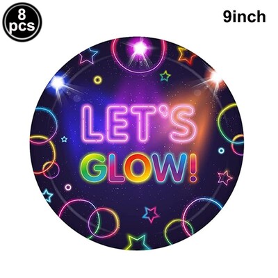 Kvēlojošs neona dzimšanas dienas ballītes vienreizlietojamie trauki, papīra šķīvju glāze, galdauts, mirdzošs tumsā, dzimšanas dienas ballītes piederumi