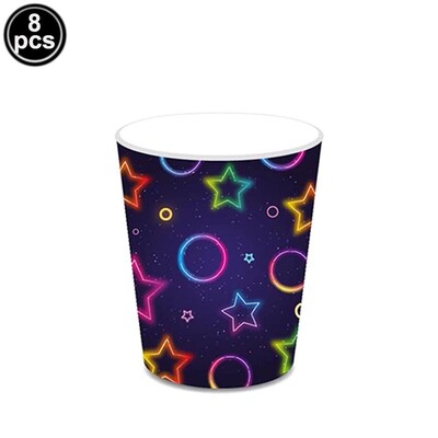 Kvēlojošs neona dzimšanas dienas ballītes vienreizlietojamie trauki, papīra šķīvju glāze, galdauts, mirdzošs tumsā, dzimšanas dienas ballītes piederumi