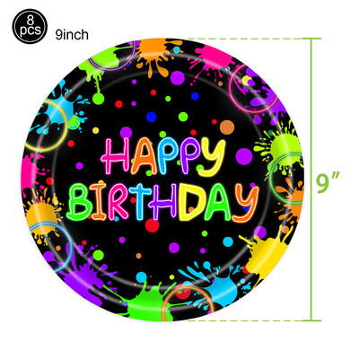 Kvēlojošs neona dzimšanas dienas ballītes vienreizlietojamie trauki, papīra šķīvju glāze, galdauts, mirdzošs tumsā, dzimšanas dienas ballītes piederumi