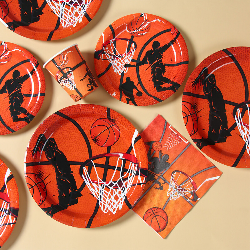 Kosárlabda Születésnapi Party Díszek Fiúk Gyerekek Gyerekek Eldobható edénykészlet Papírpoharak Szalvéták Tányérok Bannerek Abrosz