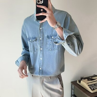 Μοντέρνο ελαφρύ vintage τζιν πουκάμισο ανδρικό, γυναικείο ιαπωνικό στυλ, χαλαρή εφαρμογή με διπλή τσέπη, μακρυμάνικο πουκάμισο casual