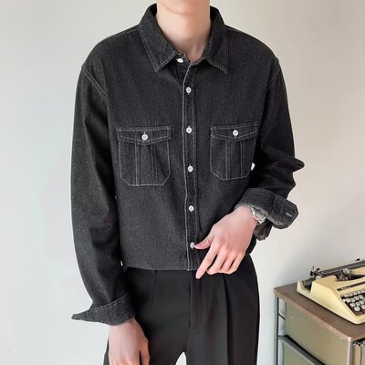 Μοντέρνο ελαφρύ vintage τζιν πουκάμισο ανδρικό, γυναικείο ιαπωνικό στυλ, χαλαρή εφαρμογή με διπλή τσέπη, μακρυμάνικο πουκάμισο casual