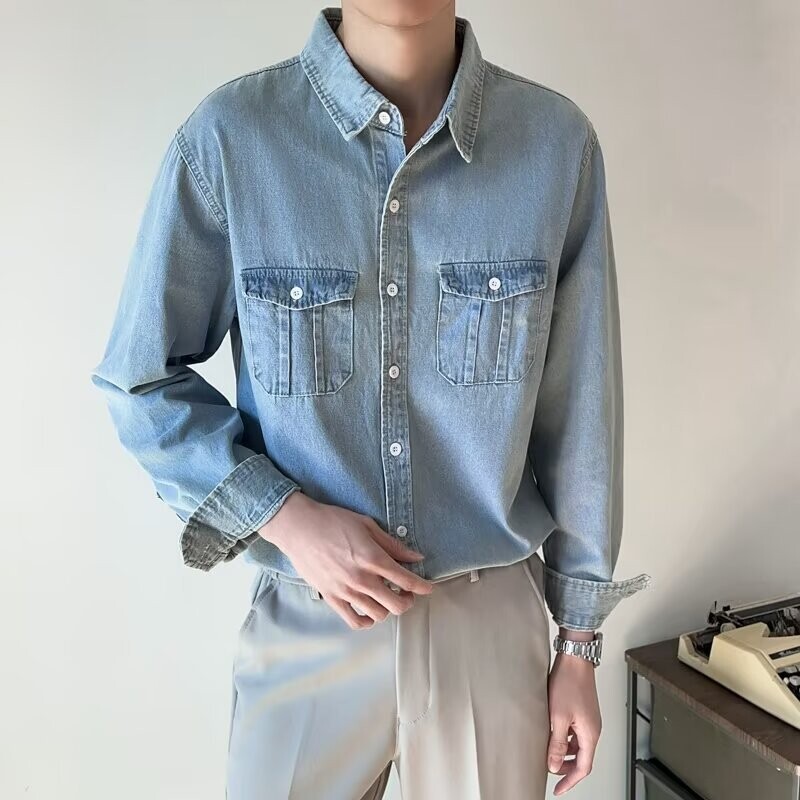 Μοντέρνο ελαφρύ vintage τζιν πουκάμισο ανδρικό, γυναικείο ιαπωνικό στυλ, χαλαρή εφαρμογή με διπλή τσέπη, μακρυμάνικο πουκάμισο casual
