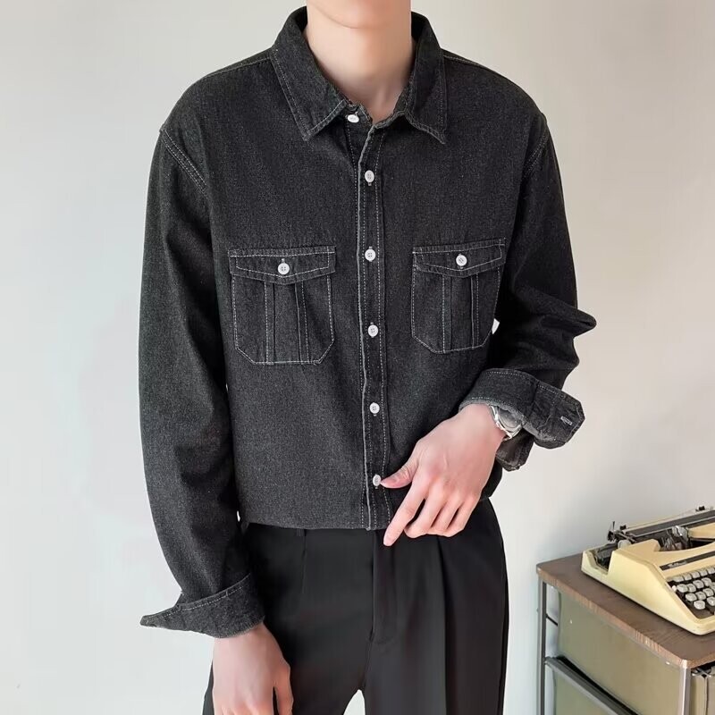 Μοντέρνο ελαφρύ vintage τζιν πουκάμισο ανδρικό, γυναικείο ιαπωνικό στυλ, χαλαρή εφαρμογή με διπλή τσέπη, μακρυμάνικο πουκάμισο casual