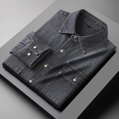 Nauji rudeniniai medvilniniai džinsiniai marškiniai Vyriški Slim Fit Smart Casual vienspalviai ilgomis rankovėmis vyriški džinsiniai marškiniai Madingi vyriški marškiniai 2265