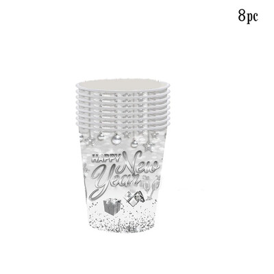 8 τμχ Ασημένια σφράγιση επιτραπέζια σκεύη μιας χρήσης Cheer New Year χάρτινα πιάτα Κύπελλα χαρτοπετσέτες Χαρούμενα Χριστούγεννα προμήθειες Happy New Year 2025