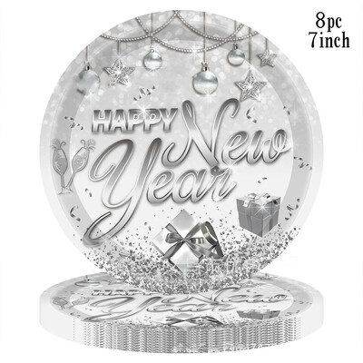 8 τμχ Ασημένια σφράγιση επιτραπέζια σκεύη μιας χρήσης Cheer New Year χάρτινα πιάτα Κύπελλα χαρτοπετσέτες Χαρούμενα Χριστούγεννα προμήθειες Happy New Year 2025