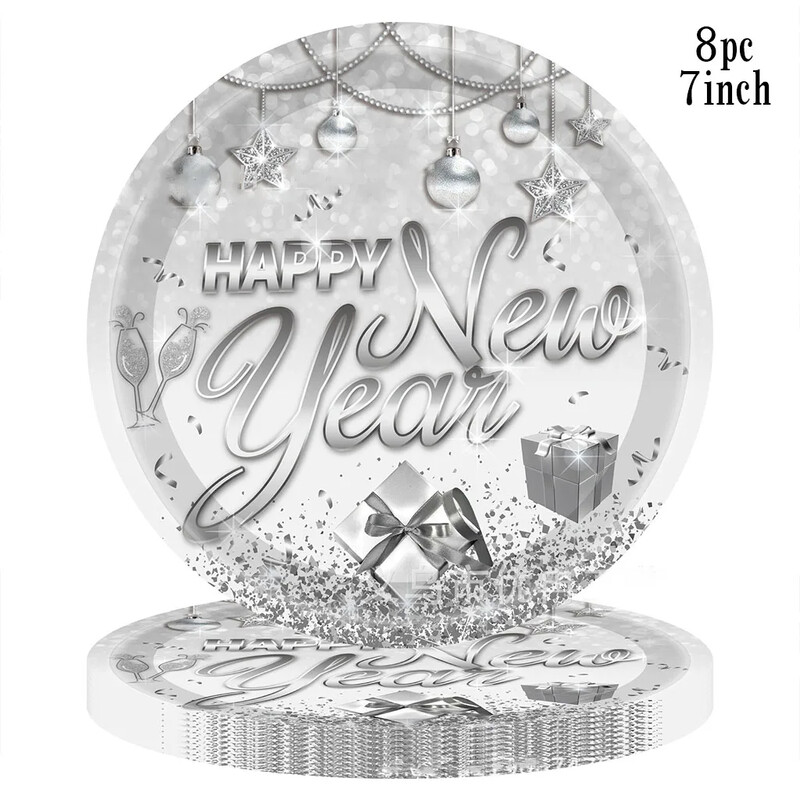 8 τμχ Ασημένια σφράγιση επιτραπέζια σκεύη μιας χρήσης Cheer New Year χάρτινα πιάτα Κύπελλα χαρτοπετσέτες Χαρούμενα Χριστούγεννα προμήθειες Happy New Year 2025