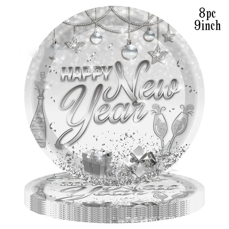 8 τμχ Ασημένια σφράγιση επιτραπέζια σκεύη μιας χρήσης Cheer New Year χάρτινα πιάτα Κύπελλα χαρτοπετσέτες Χαρούμενα Χριστούγεννα προμήθειες Happy New Year 2025