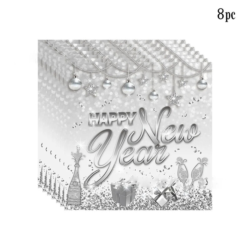8 τμχ Ασημένια σφράγιση επιτραπέζια σκεύη μιας χρήσης Cheer New Year χάρτινα πιάτα Κύπελλα χαρτοπετσέτες Χαρούμενα Χριστούγεννα προμήθειες Happy New Year 2025