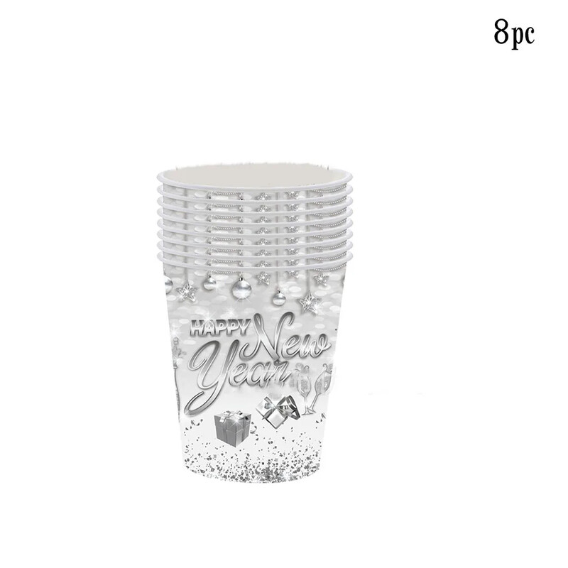 8 τμχ Ασημένια σφράγιση επιτραπέζια σκεύη μιας χρήσης Cheer New Year χάρτινα πιάτα Κύπελλα χαρτοπετσέτες Χαρούμενα Χριστούγεννα προμήθειες Happy New Year 2025