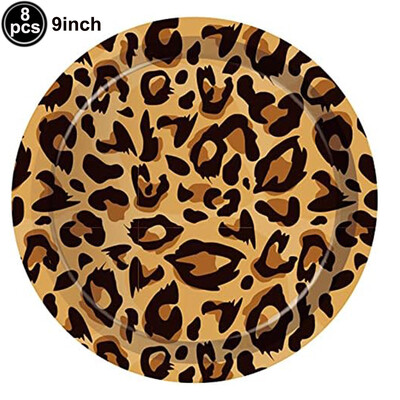 Dzīvnieku apdrukas vienreizlietojamie galda piederumi Leoparda apdrukāti papīra šķīvji Salvetes dzimšanas dienas svinībām Džungļu safari tematiskās ballītes dekorēšanai