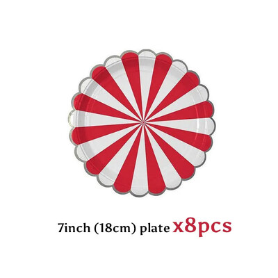 Piros fehér ezüst csíkos eldobható étkészlet cirkuszi születésnapi parti dekoráció tányérok csésze terítő szalvéta kések villák kellékek