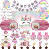 Vienradža galda piederumu komplekts Meitene Unicorn tēma Papīra krūzes Šķīvji Baloni Dekors Priecīgs fons Ballīšu piederumi Bērniem Labvēlības Dāvana