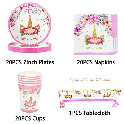 Vienradža galda piederumu komplekts Meitene Unicorn tēma Papīra krūzes Šķīvji Baloni Dekors Priecīgs fons Ballīšu piederumi Bērniem Labvēlības Dāvana
