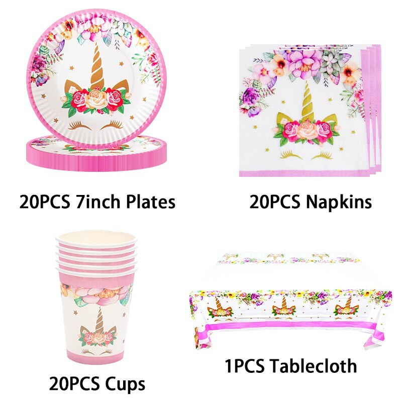Vienradža galda piederumu komplekts Meitene Unicorn tēma Papīra krūzes Šķīvji Baloni Dekors Priecīgs fons Ballīšu piederumi Bērniem Labvēlības Dāvana