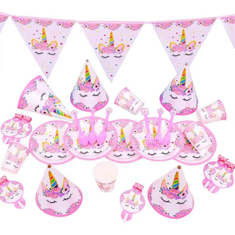 Vienradža galda piederumu komplekts Meitene Unicorn tēma Papīra krūzes Šķīvji Baloni Dekors Priecīgs fons Ballīšu piederumi Bērniem Labvēlības Dāvana