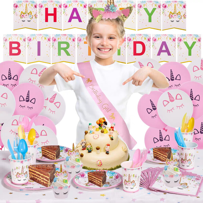 Vienradža galda piederumu komplekts Meitene Unicorn tēma Papīra krūzes Šķīvji Baloni Dekors Priecīgs fons Ballīšu piederumi Bērniem Labvēlības Dāvana